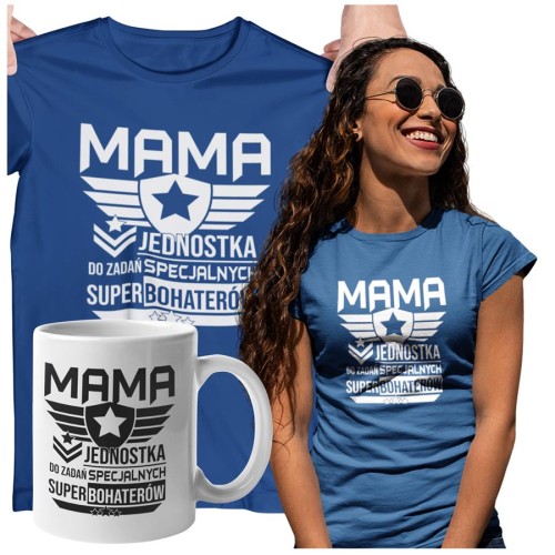 Koszulka dla Mamy na Dzień Mamy zestaw z kubkiem i nadrukiem Mama jednostka do zadań specjalnych super bohaterów kolor granatowy