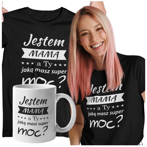 Koszulka dla Mamy na Dzień Mamy zestaw z kubkiem i nadrukiem Jestem mamą, a ty jaką masz super moc? kolor czarny