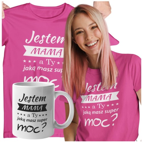 Koszulka dla Mamy na Dzień Mamy zestaw z kubkiem i nadrukiem Jestem mamą, a ty jaką masz super moc? kolor różowy
