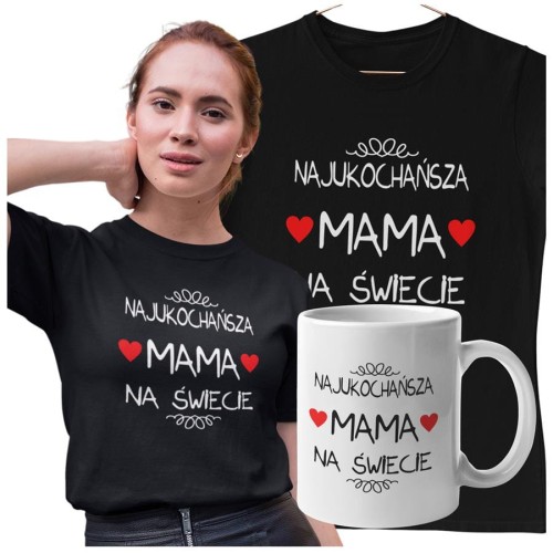 Koszulka dla Mamy na Dzień Mamy zestaw z kubkiem i nadrukiem Najukochańsza mama na świecie kolor czarny