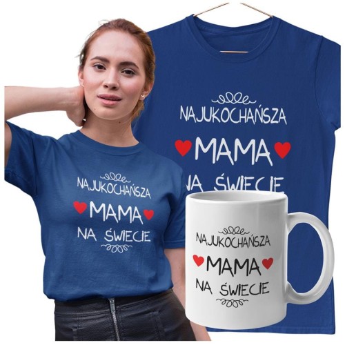 Koszulka dla Mamy na Dzień Mamy zestaw z kubkiem i nadrukiem Najukochańsza mama na świecie kolor granatowy
