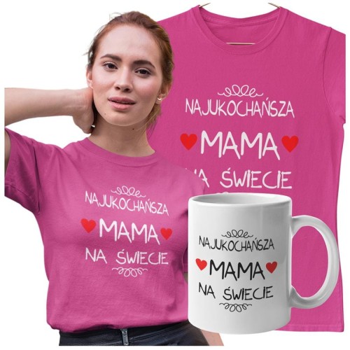 Koszulka dla Mamy na Dzień Mamy zestaw z kubkiem i nadrukiem Najukochańsza mama na świecie kolor różowy