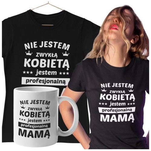 Koszulka dla Mamy na Dzień Mamy zestaw z kubkiem i nadrukiem Nie jestem zwykłą kobietą jestem profesjonalną mamą kolor czarny