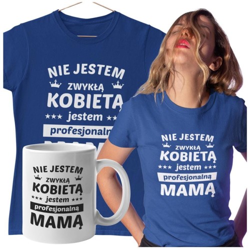 Koszulka dla Mamy na Dzień Mamy zestaw z kubkiem i nadrukiem Nie jestem zwykłą kobietą jestem profesjonalną mamą kolor granatowy