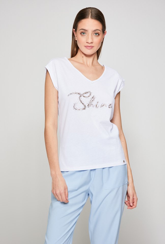 Bawełniany t-shirt z cekinowym napisem - Monnari