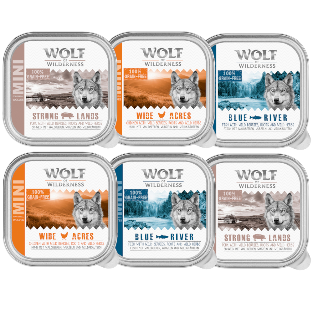 Mieszany pakiet próbny Wolf of Wilderness Adult - 6 x 150 g: kurczak, ryba, wieprzowina