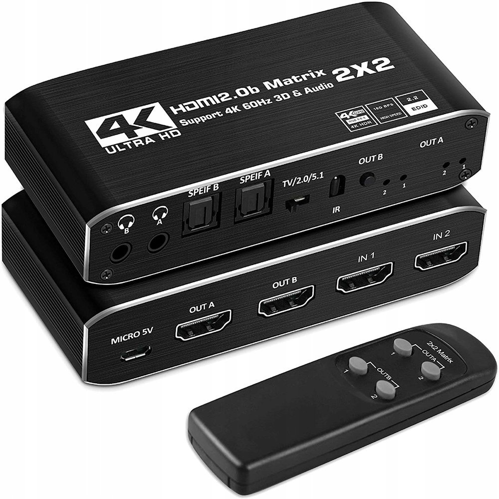 Matrix Hdmi 2.0 2X2 Switch Splitter Ekstrakt Spdif