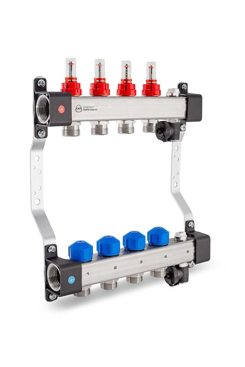 Rozdzielacz InoxFlow z zaworami do siłowników i przepływomierzami (seria UFST) - 8 obwodów