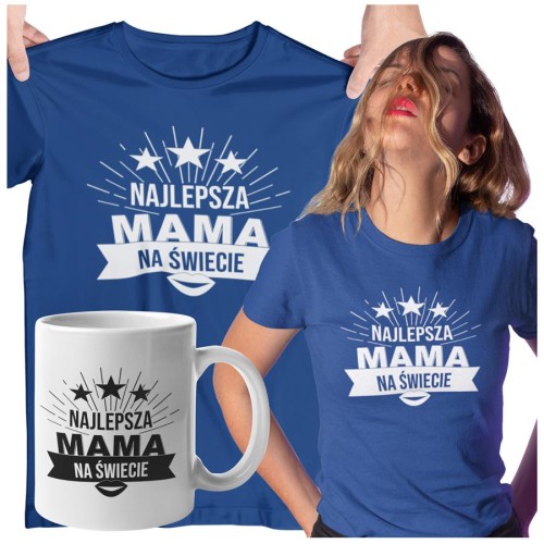 Koszulka dla Mamy na Dzień Mamy zestaw z kubkiem i nadrukiem Najlepsza mama na świecie kolor granatowy