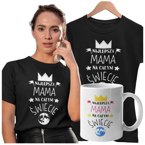 Koszulka dla Mamy na Dzień Mamy zestaw z kubkiem z nadrukiem najlepsza mama na całym świecie kolor czarny