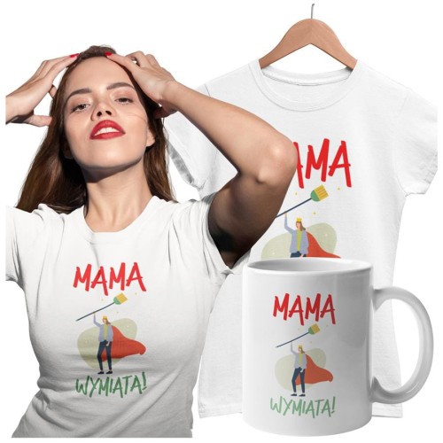 Koszulka dla Mamy na Dzień Mamy zestaw z kubkiem z nadrukiem mama wymiata kolor biały