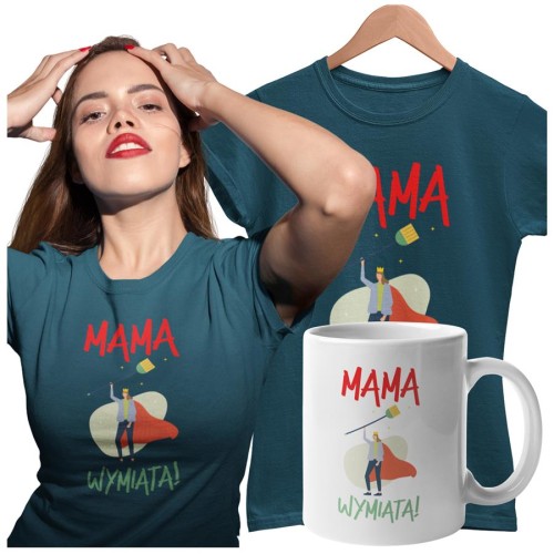 Koszulka dla Mamy na Dzień Mamy zestaw z kubkiem z nadrukiem mama wymiata kolor petrol blue
