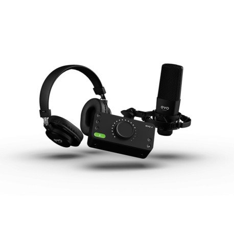 Audient EVO Start Recording Bundle (AudioInterface EVO 4, mikrofon kondensatorowy z dużą membraną SR1, zamknięte słuchawki studyjne SR2000, pająk mikrofonowy oraz kabel przyłączeniowy XLR), czarny EVO STARTER BUNDLE