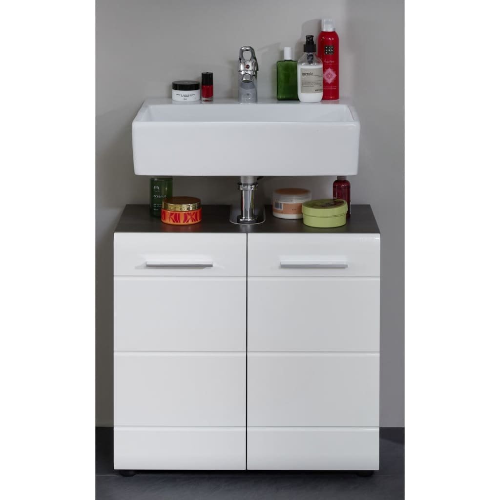 trendteam smart living Trendteam smart living szafka pod umywalkę, szafka pod umywalkę, 60 x 57 x 31 cm, z frontem w kolorze białym na wysoki połysk, korpus Sardegna srebrny przydymiony, z dużą ilością miejsca do przechowyw