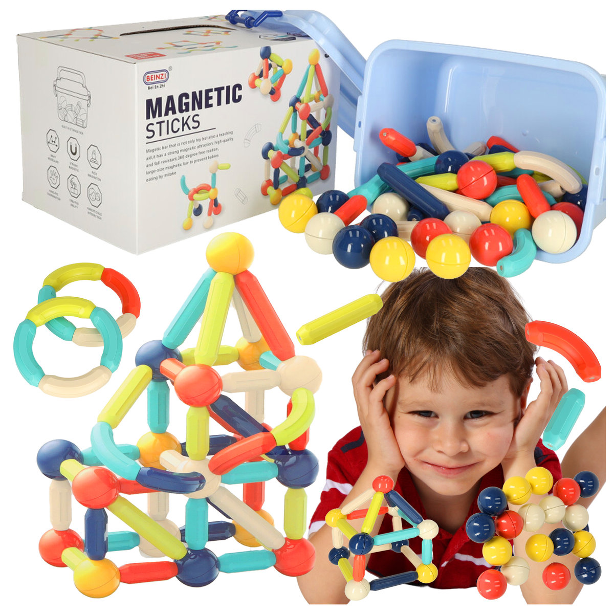 KLOCKI MAGNETYCZNE dla małych dzieci zestaw edukacyjny w pudełku 64el.