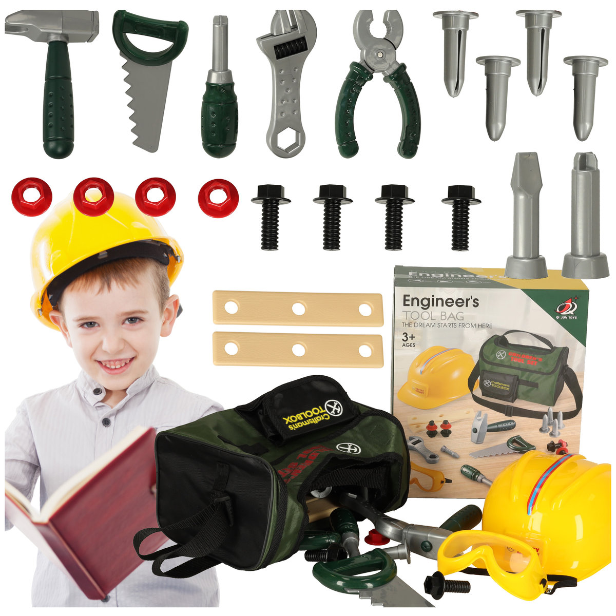 NARZĘDZIA WARSZTATOWE kask okulary w torbie edukacyjny zestaw dla dzieci