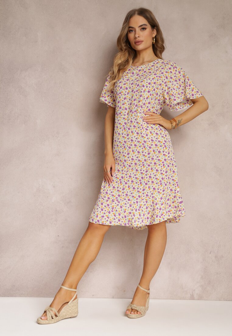 Beżowa Sukienka Midi o Pudełkowym Kroju w Kwiaty Kimbr