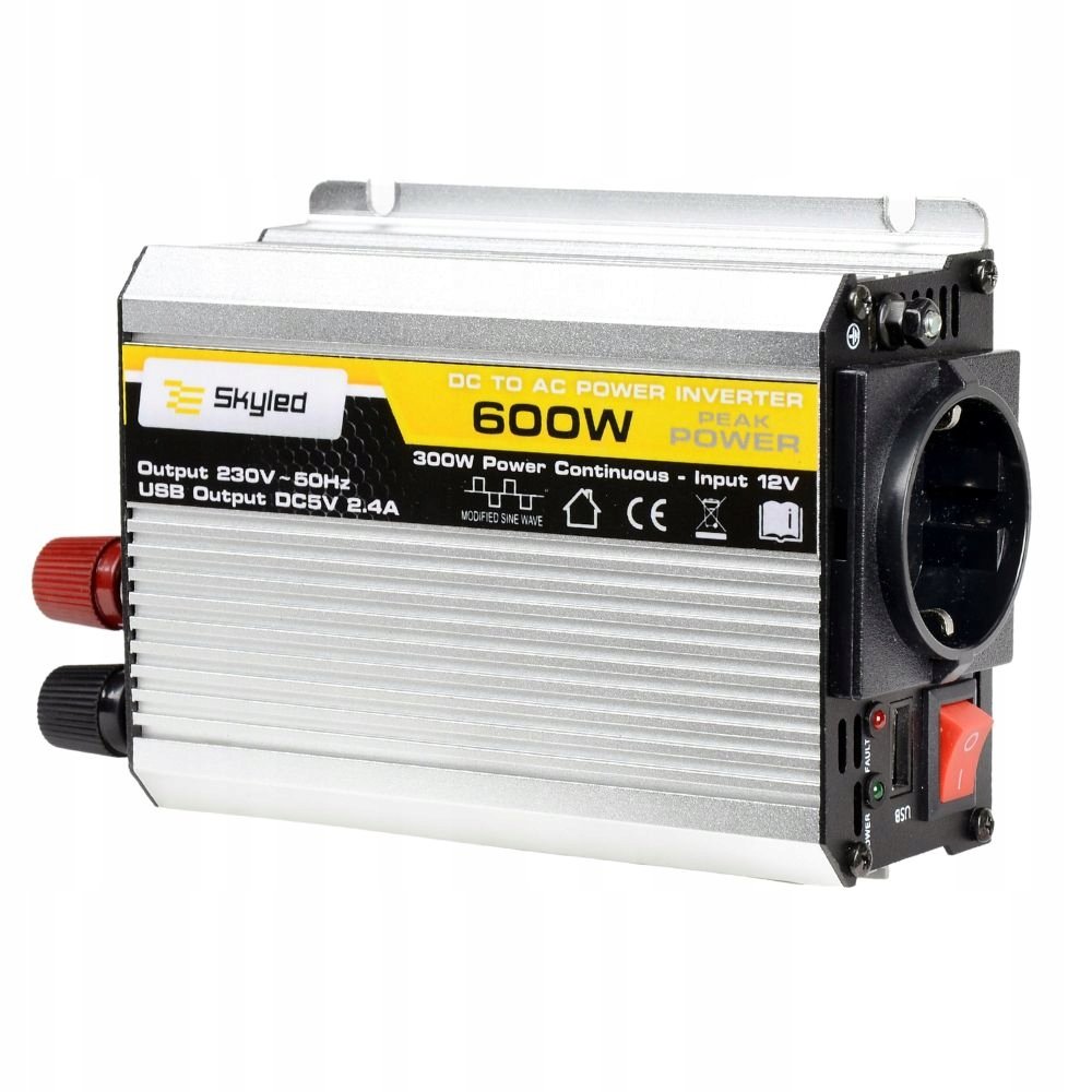 SKYLED PRZETWORNICA SAMOCHODOWA SINUSOIDA MODYFIKOWANA600W 12V 230V USB