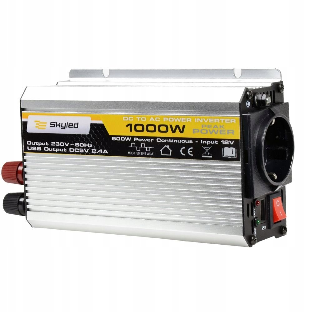 SKYLED PRZETWORNICA SAMOCHODOWA 1000W PEŁNY SINUS 12V 230V USB