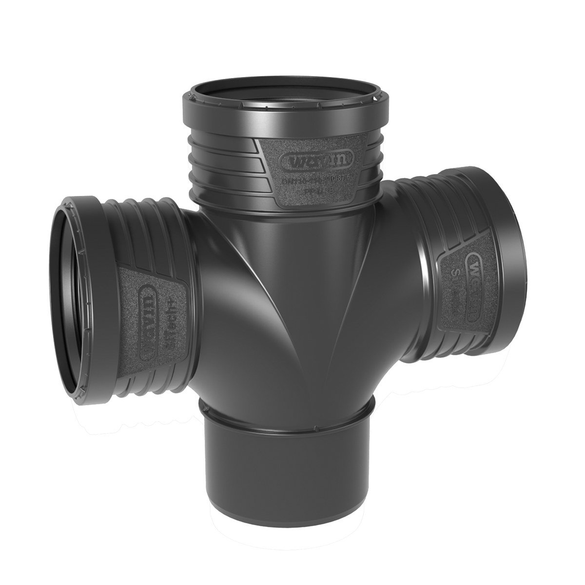 Wavin Czwórnik 1-płaszczyznowy, wersja radialna (o złagodzonych, promienistych (radialnych) odejściach), 110x110x110/87°, SITECH+ czarny