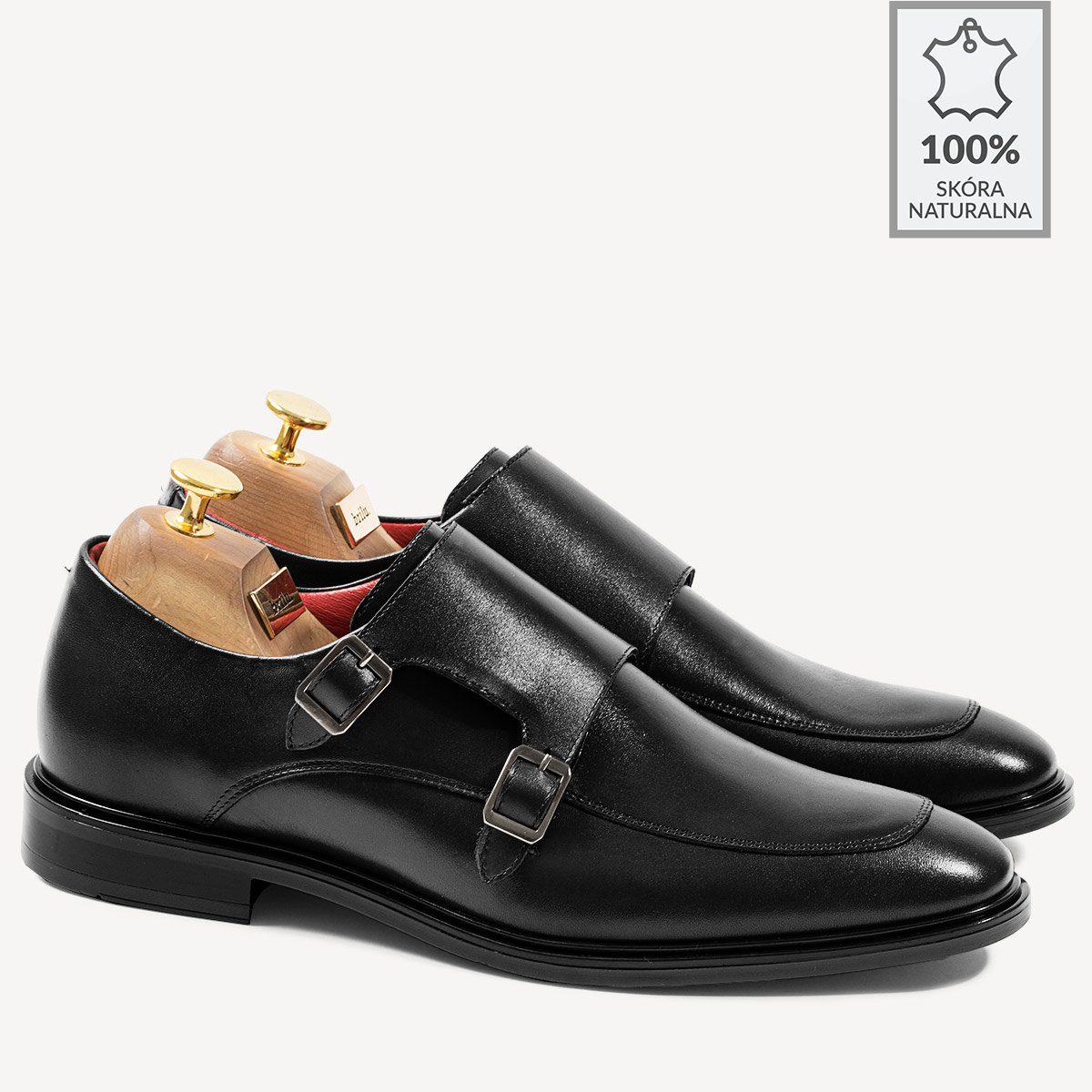 Eleganckie skórzane monki ze sprzączkami Bruce czarne - BRILU