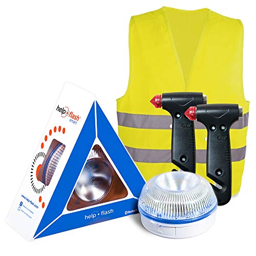 HELP FLASH SMART PK2773 AUTONOMA sygnalizacja Niebezpieczeństwo/Latarka, DGT, V16 AUTOMATYCZNY + 2 MŁOTY Awaryjne: wygaszacze okna+Cutter do paska i Kamizelka odblaskowa HOMOLOGOWANA, Żółty auto