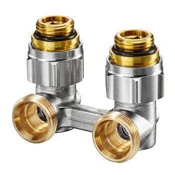 Oventrop Multiflex F, ZB-podwójne przyłącze z odcięciem, kątowe, 1/2GZx3/4GZ, mosiądz, niklowane