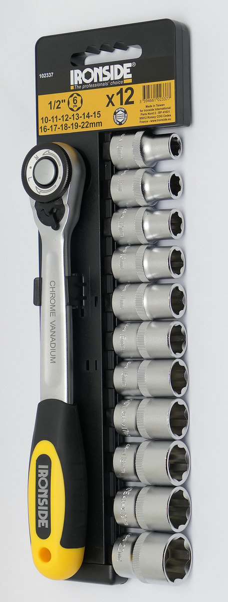 Zestaw - klucz nasadowy (grzechotka) + zestaw 12 nasadek 10-22mm