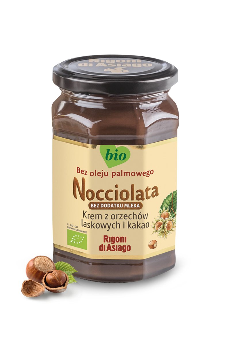 Nocciolata ( bez mleka) BIO - krem z orzechów laskowych (19,5%) i kakao (11%) bez dodatku mleka 650g