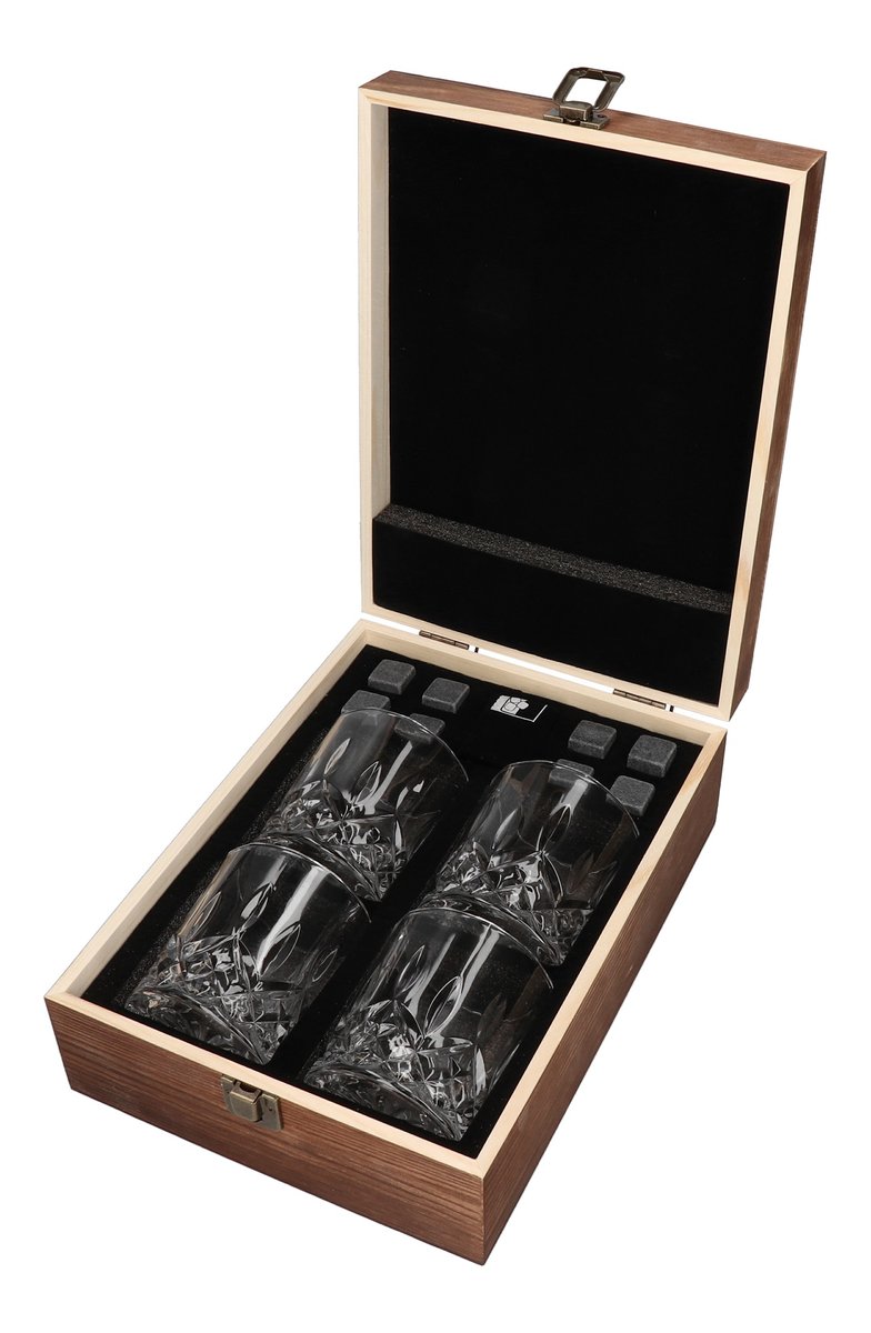 Zestaw prezentowy do whisky - 4 szklanki i kamienie do whisky w skrzynce