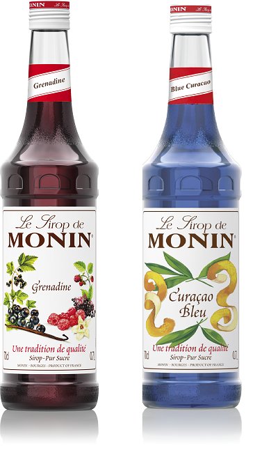 Zestaw klasycznych syropów barmańskich Grenadina i Blue Curacao Monin
