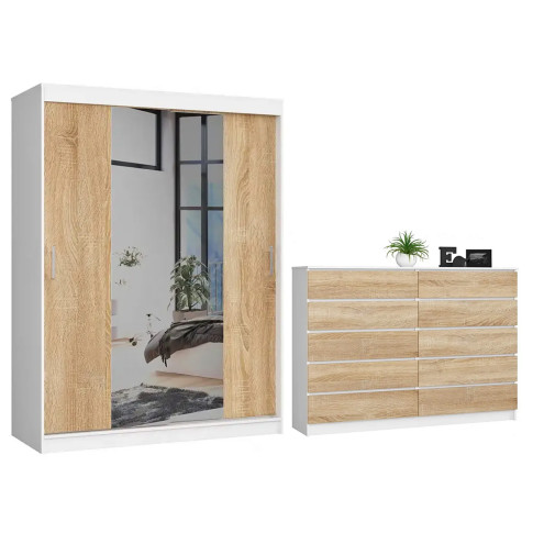 Zestaw Szafa Z Lustrem I Komoda Dąb Sonoma + Biały C2-Z83