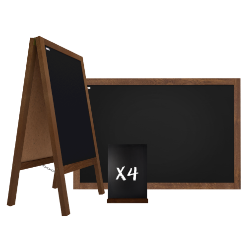 Zestaw lakierowane drewno - Potykacz 118x61cm, Tablica kredowa 90x60cm, Tabliczki kredowe A5 4szt.