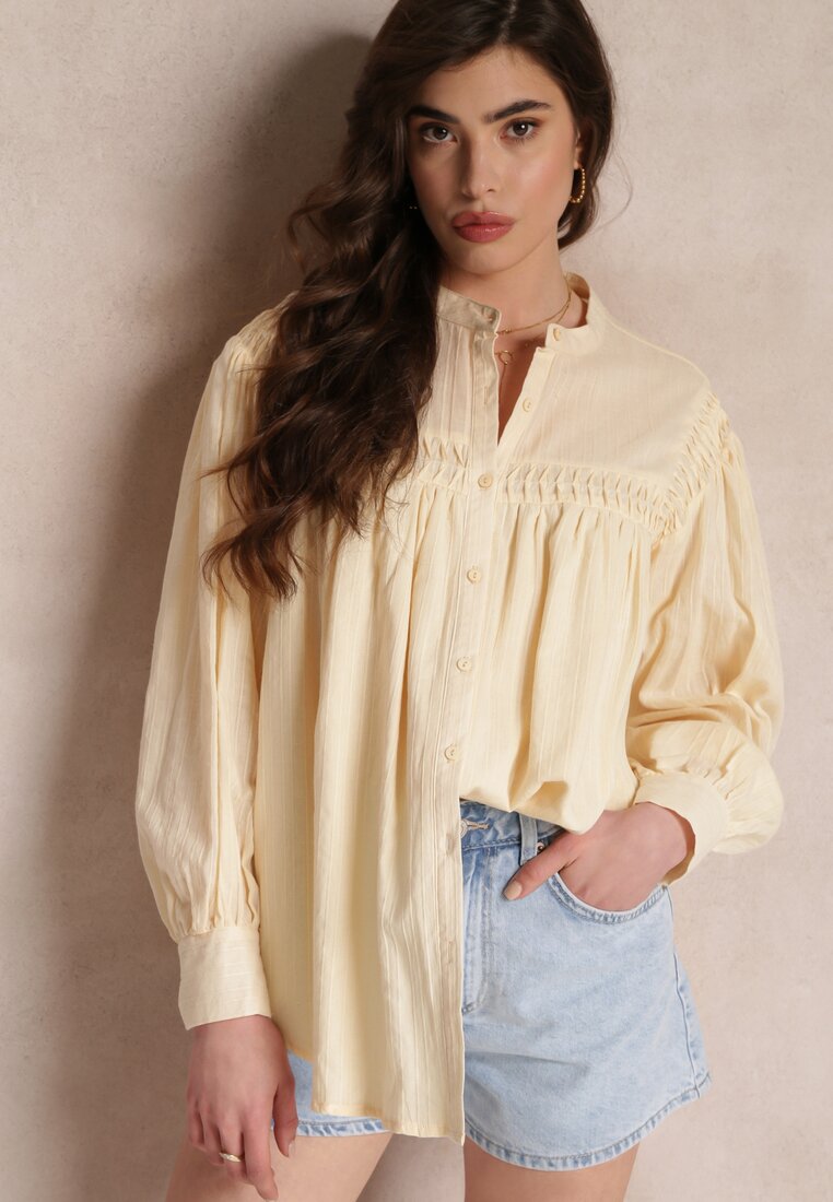 Beżowa Koszula z Bawełny z Ozdobnymi Wstawkami Lakinia