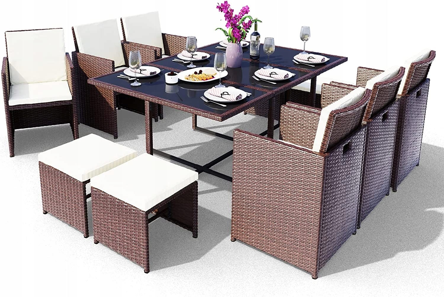 Meble ogrodowe stół + 10 krzeseł brązowe