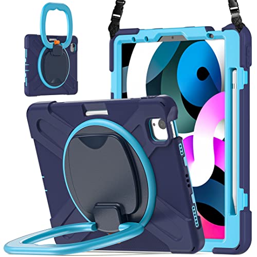 Etui do iPada Pro 11 2022/2021/2020 i iPada Air 10,9 cala 2022/2020, odporne na uderzenia, wytrzymałe etui ochronne z obrotowym stojakiem 360°, pasek na rękę, uchwyt na długopis, granatowy + niebieski