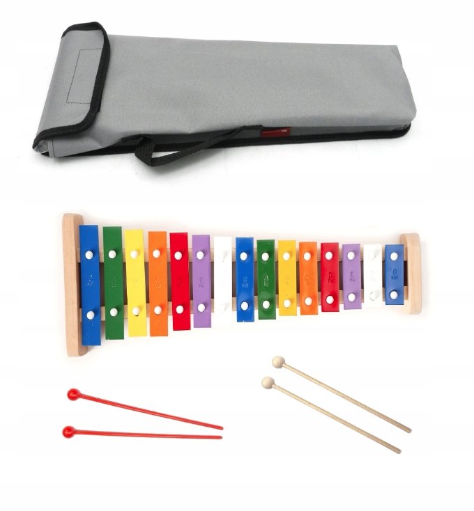 CYMBAŁKI DZWONKI SZKOLNE DIATONICZNE 15 tonowe + drewniane pałeczki + pokrowiec szary