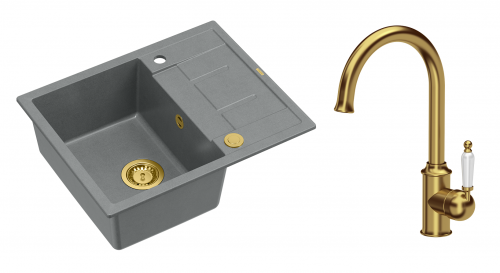 Quadron Unique Zlewozmywak granitowy jednokomorowy 62*50*22 cm z ociekaczem MORGAN 116 SILVER STONE z syfonem Push-2-Open w kolorze złotym z baterią RACHEL kolor złoty