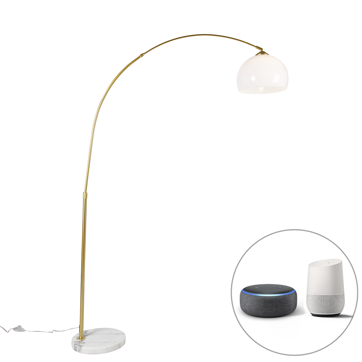 QAZQA Inteligentna lampa łukowa z mosiądzu z białym kloszem, w tym Wifi A60 - Arc Basic