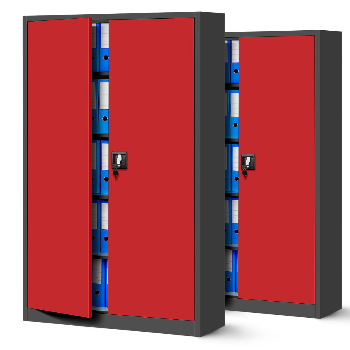Zestaw SET Szaf Metalowych 2 x JAN NOWAK Model JAN II 1150x1850x400 Biurowa Szafka Na Akta,: Antracytowo-Czerwona, Duża Szafa Do Biura, Na Dokumenty..
