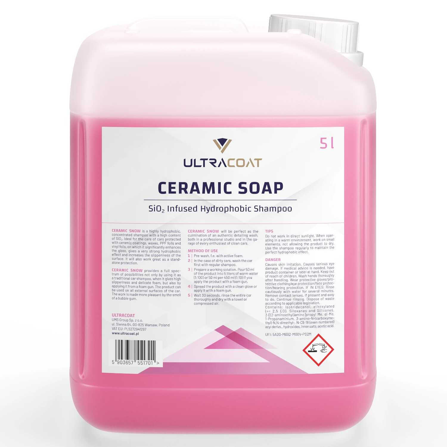Ultracoat Ceramic Soap - Silnie hydrofobowy szampon do mycia samochodu 5L