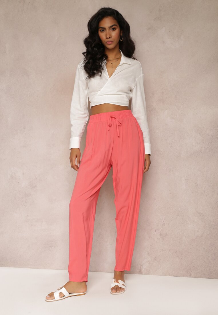 Różowe Wiskozowe Spodnie z Gumką w Talii i Zwężanymi Nogawkami Sumipaku