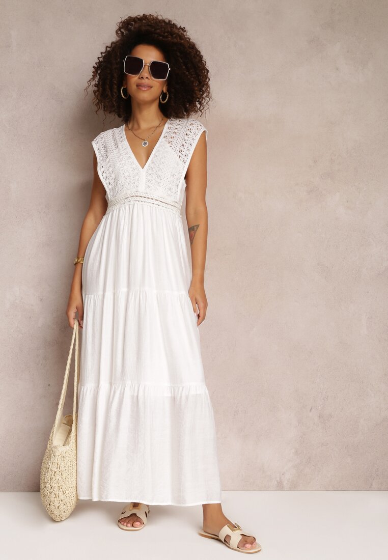 Biała Szydełkowa Sukienka Maxi z Głębokim Dekoltem i Falbanką na Dole Annama