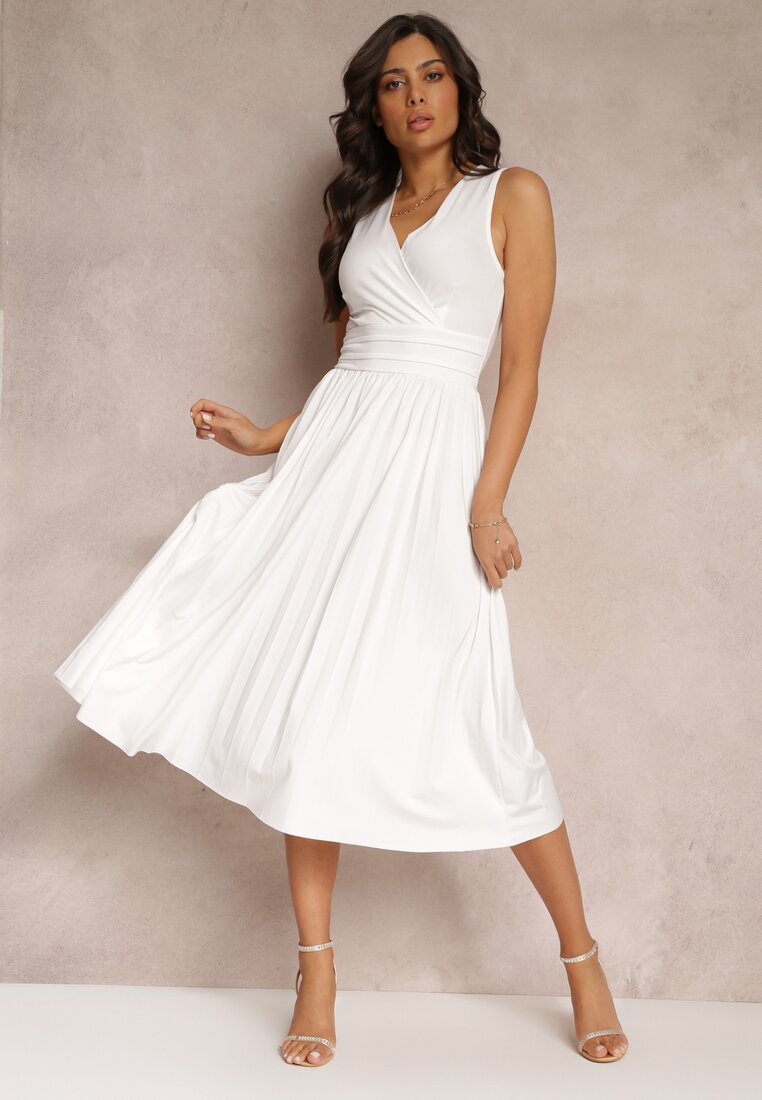 Biała Sukienka z Kopertowym Dekoltem i Plisowanym Dołem Anamarie