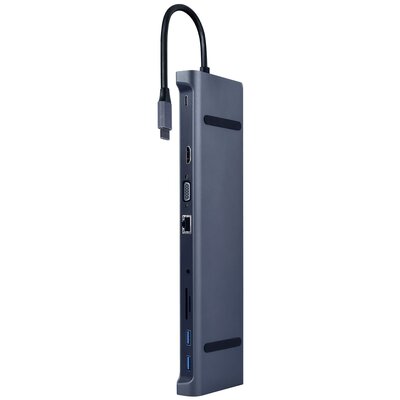 GEMBIRD A-CM-COMBO10-01 Adapter wieloportowy USB Type C 10w1 HUB USB + HDMI + VGA + PD + czytnik kart + LAN + audio 3.5 mm,szary