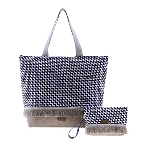 For Time, Torebka plażowa damska - torba rafia damska - torba na plażę - w zestawie torba plażowa ze średnią letnią torebką dla kobiet z rafii na plażę, Solana, Wielobarwny