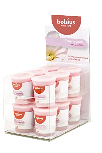 Bolsius True Scents - mini świeca zapachowa - magnolia - różowa - 12 sztuk - długość palenia 15 godzin - świece wotywne - z naturalnymi ekstraktami - naturalny i wegański wosk - bez oleju palmowego