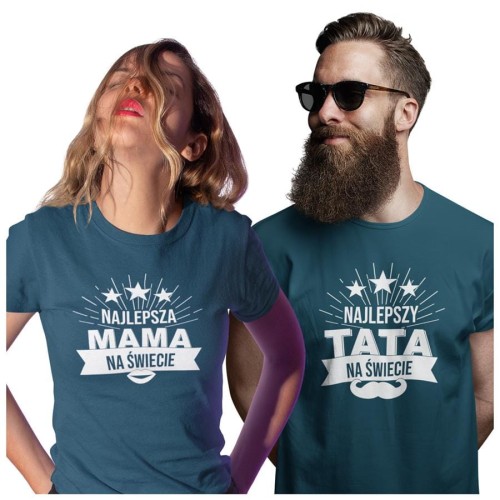 Koszulka dla Mamy i Taty na Dzień Matki i Ojca z napisem Najlepsza mama na świecie i Najlepszy tata na świecie w kolorze petrol blue