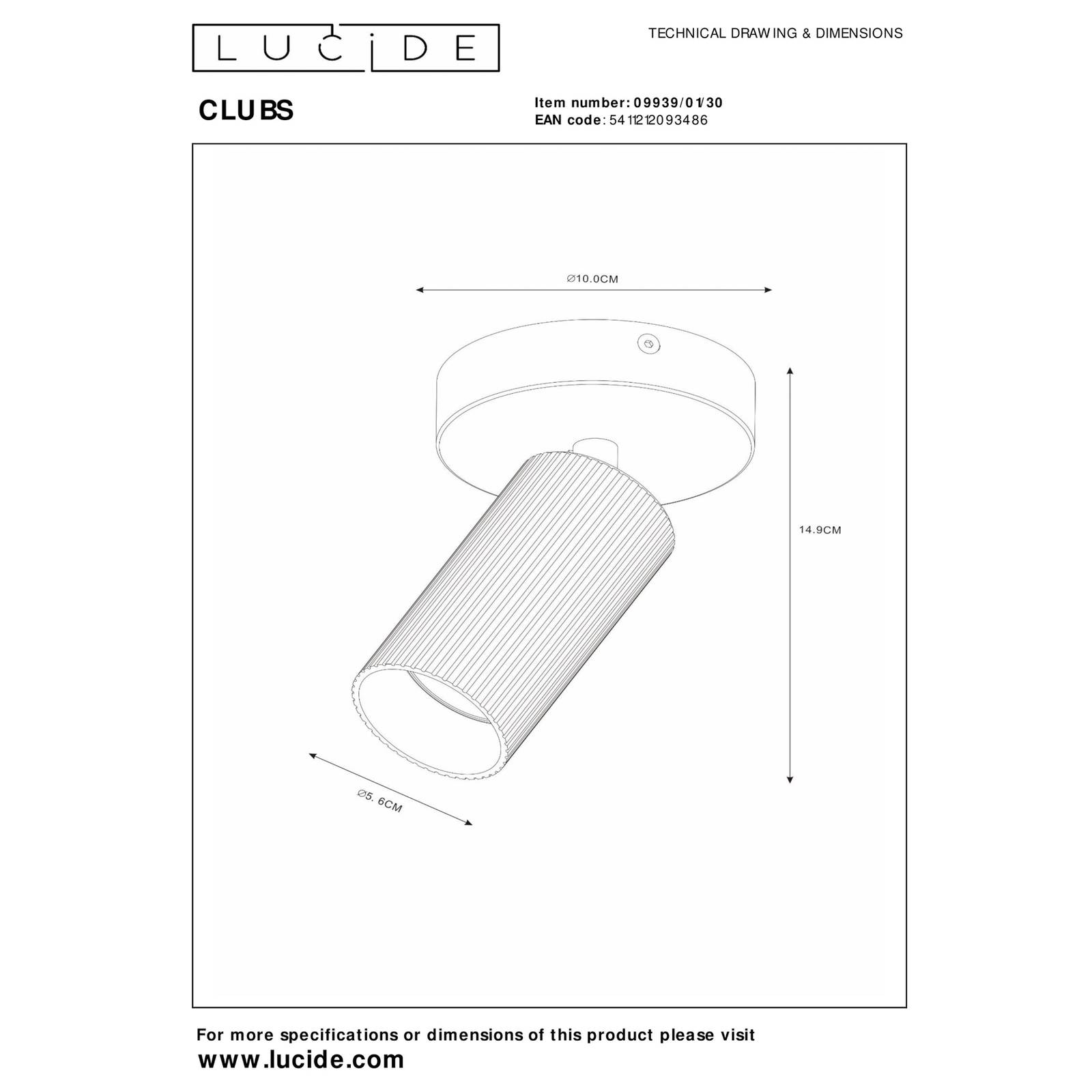 Lucide Reflektor sufitowy Clubs obrotowy i wychylny 1-pkt