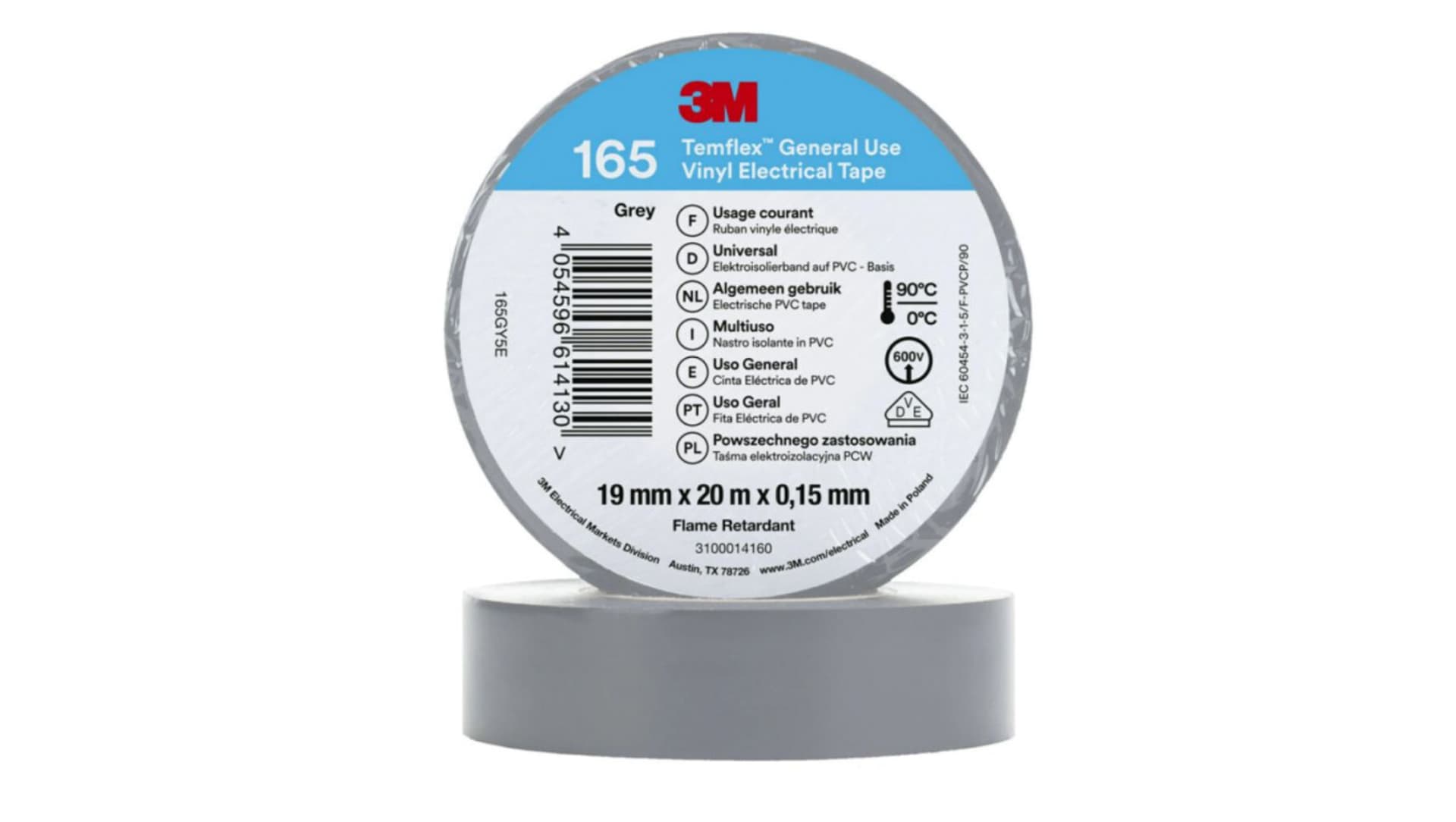 Taśma izolacyjna 19mm x 20m PVC Temflex 165 szara 7100184804